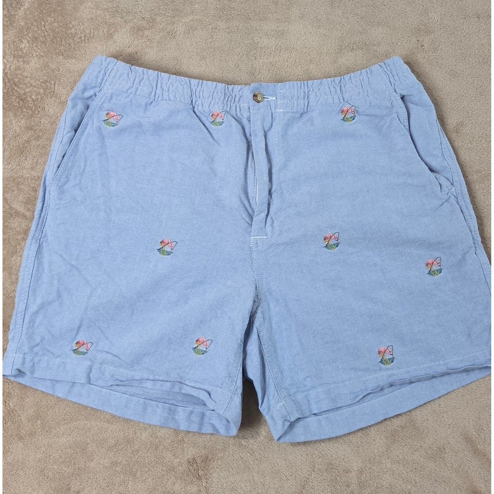 Polo Ralph Lauren Chambray Shorts Mens XL Blue Fishing Flamingo AOP 5" Inseam